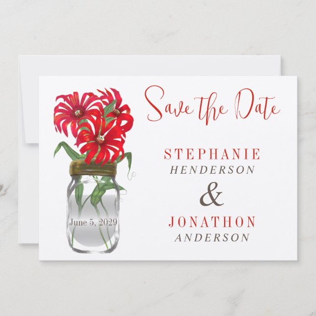 Red Andes Mountain Wildflower Mason Jar Wedding Invitation (Front)