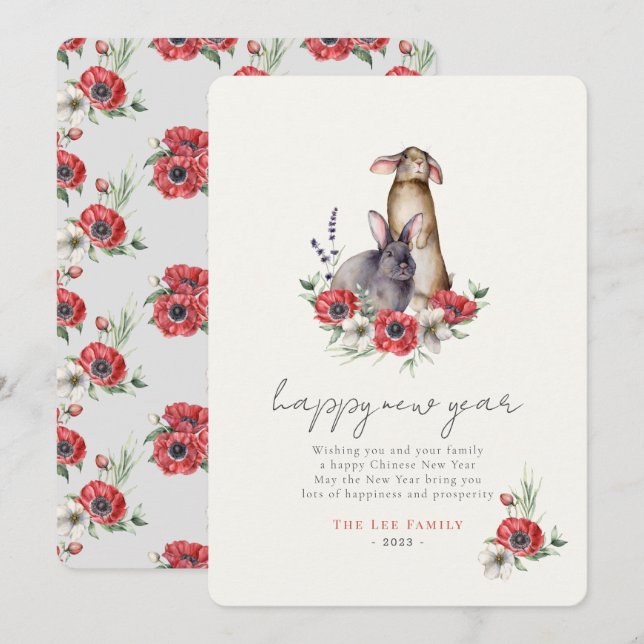 Red Anemone Bunnies Year of the Rabbit New Year Holiday Card (Front/Back)