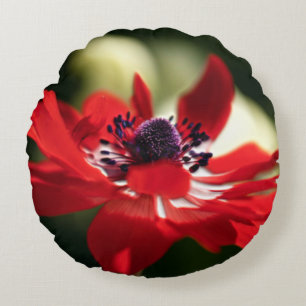 Red Anemone Flower Round Cushion