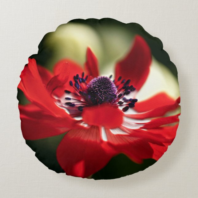 Red Anemone Flower Round Cushion (Front)