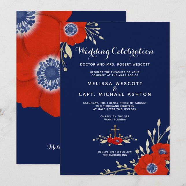Red Anemone Nautical Navy Wedding Formal Invitation (Front/Back)