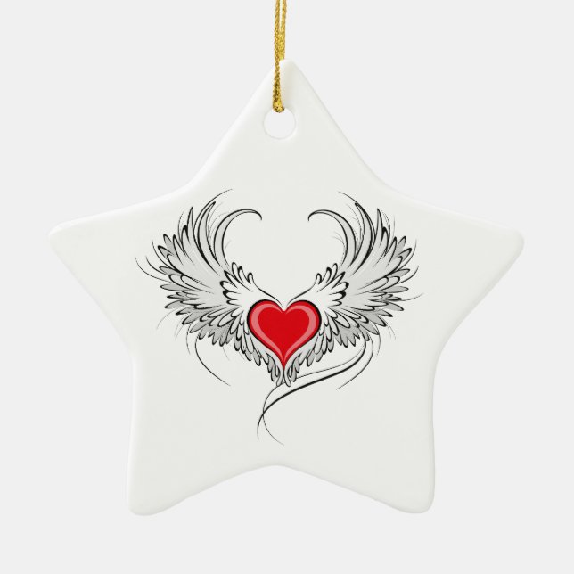 Red Angel Heart with wings Ceramic Tree Decoration (Front)