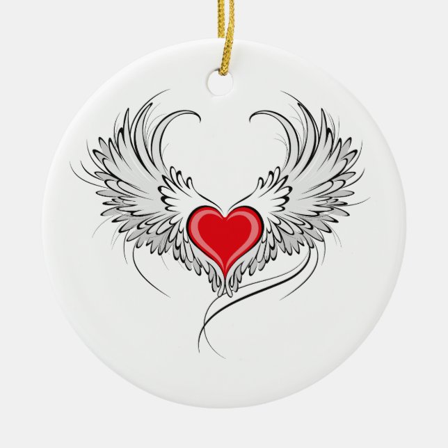 Red Angel Heart with wings Ceramic Tree Decoration (Front)