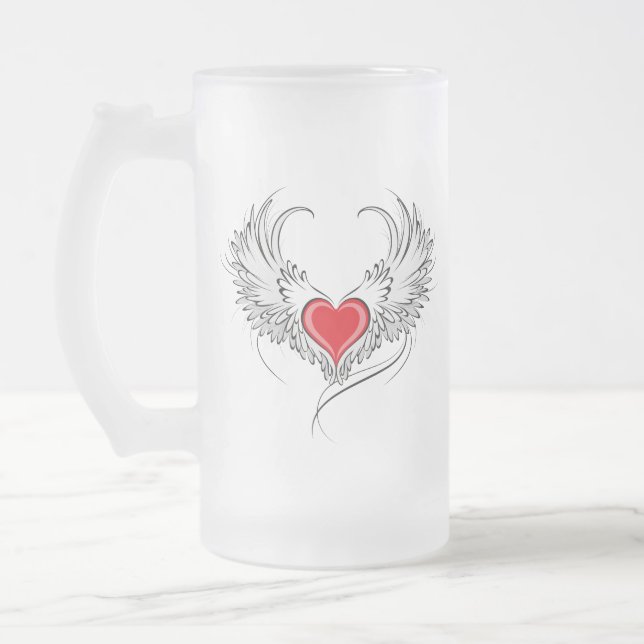 Red Angel Heart with wings Frosted Glass Beer Mug (Left)
