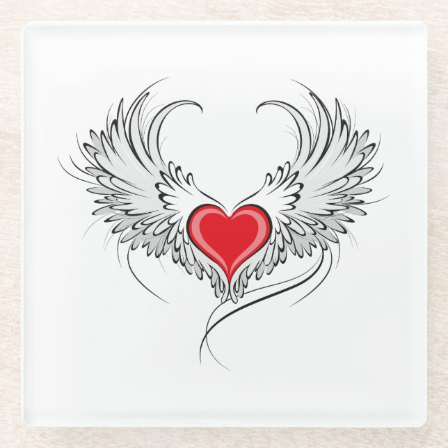 Red Angel Heart with wings Glass Coaster (Front)