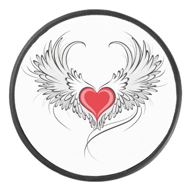 Red Angel Heart with wings Hockey Puck (Front)
