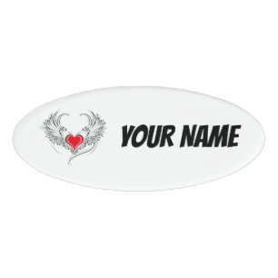 Red Angel Heart with wings Name Tag