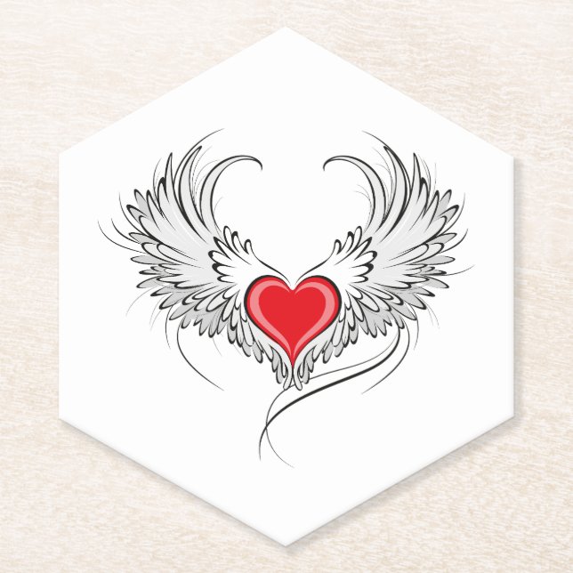 Red Angel Heart with wings Paper Coaster (Front)