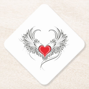 Red Angel Heart with wings Paper Coaster