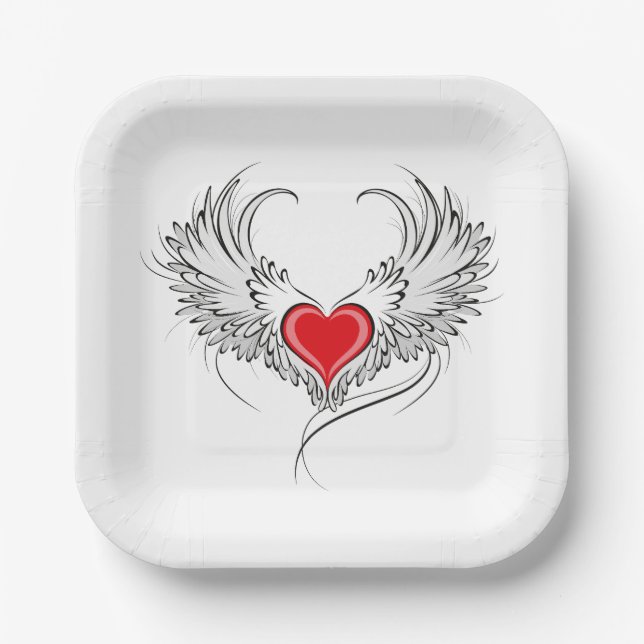 Red Angel Heart with wings Paper Plate (Front)