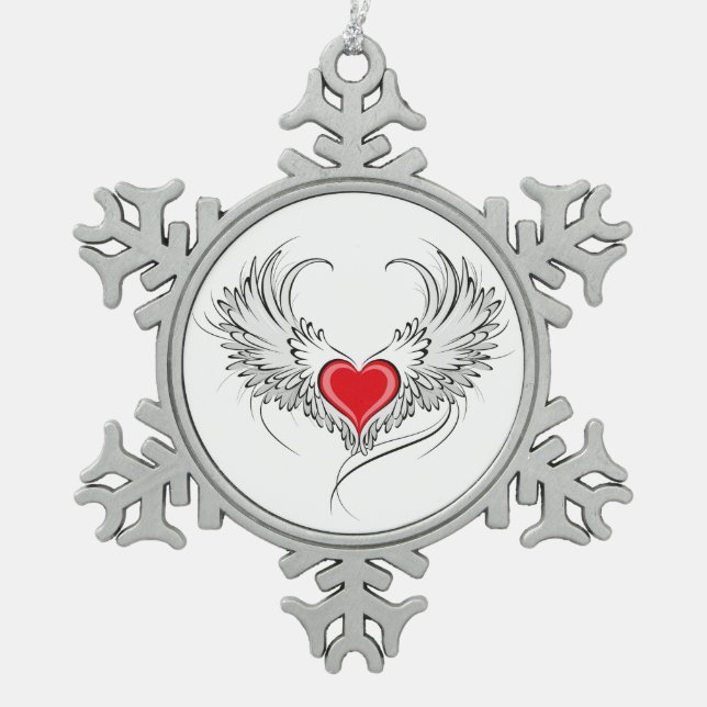 Red Angel Heart with wings Snowflake Pewter Christmas Ornament (Front)