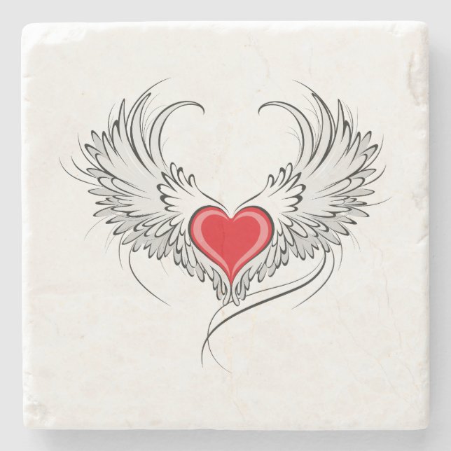 Red Angel Heart with wings Stone Coaster (Front)