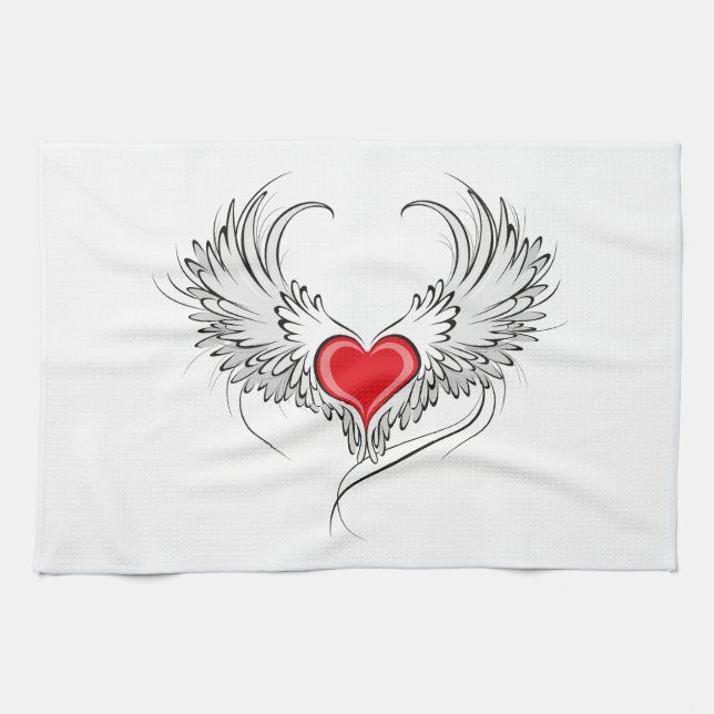Red Angel Heart with wings Tea Towel (Horizontal)