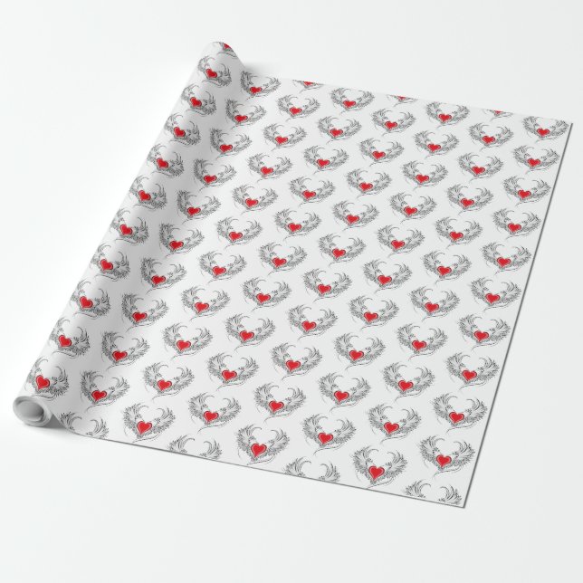 Red Angel Heart with wings Wrapping Paper (Unrolled)