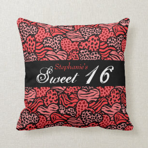 Red animal pattern hearts Sweet Sixteen Pillow