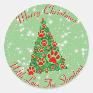 Red Animal Paw Silhouette Christmas Tree Green Classic Round Sticker