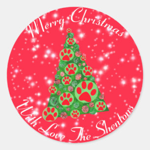 Red Animal Paw Silhouette Christmas Tree Red Classic Round Sticker