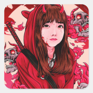 Red Anime Demon Slayer Girl Square Sticker