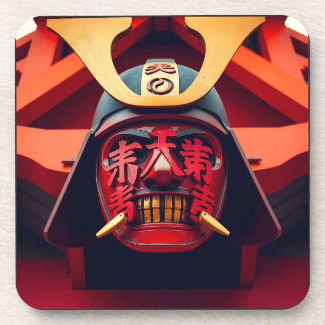 Red anime samurai mask coaster (Front)