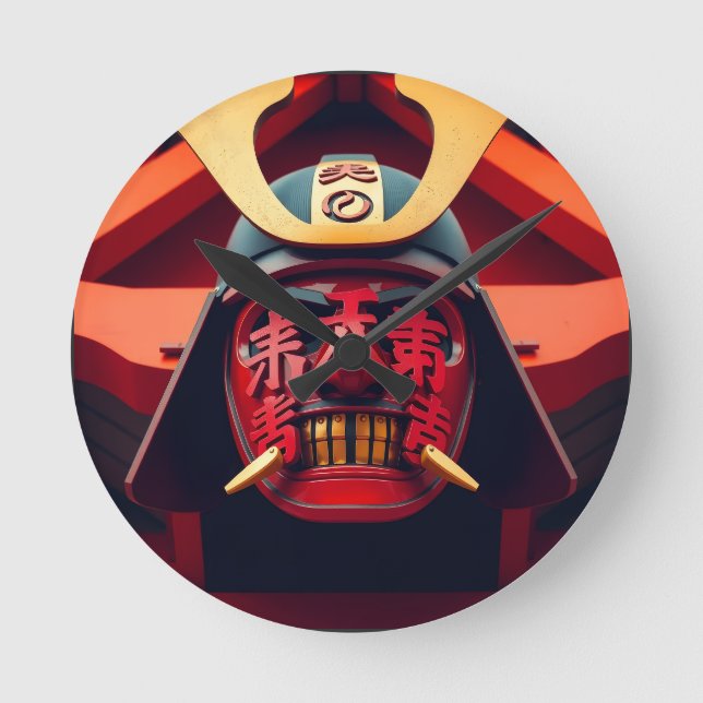 Red anime samurai mask round clock (Front)
