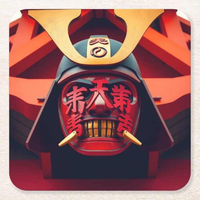 Red anime samurai mask square paper coaster (Front)