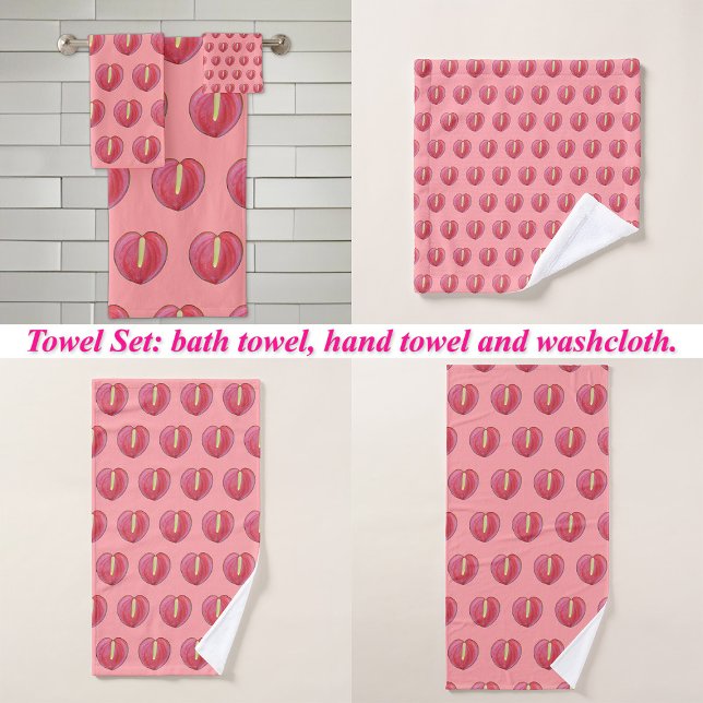 Red Anthurium Flower Seamless Pattern on Bath Towel Set (Red Anthurium flower seamless pattern on bath towel set: wash cloth, hand towel and bath towel)