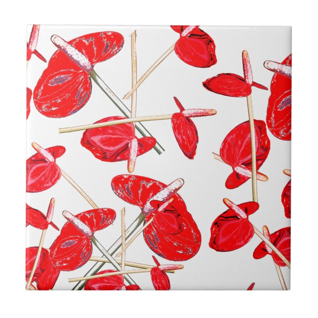 Red Anthurium Flowers Floral Pattern Tile (Front)