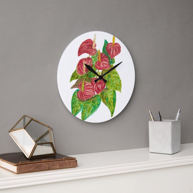 red anthurium flowers large clock (Office)