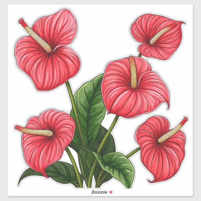 Red Anthurium Flowers with Green Leaves (Sheet)