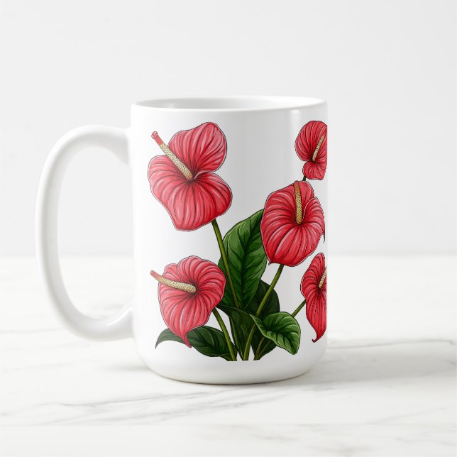 Red Anthurium Flowers with Green Leaves Coffee Mug (Left)