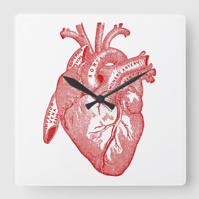 Red Antique Anatomical Heart Square Wall Clock (Front)