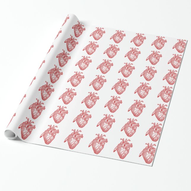 Red Antique Anatomical Heart Wrapping Paper (Unrolled)