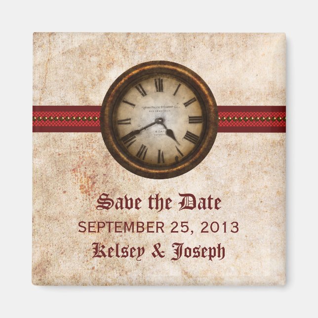 Red Antique Clock Save the Date Magnet (Front)