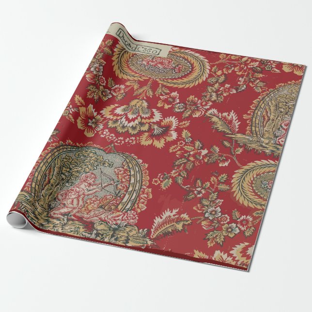 Red Antique French Textile Wrapping Paper (Unrolled)