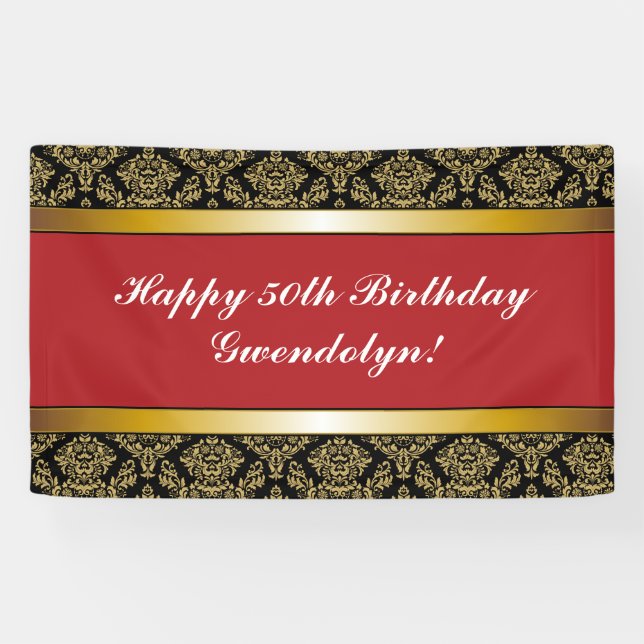 Red Any Age Gold Damask Birthday Banner (Horizontal)