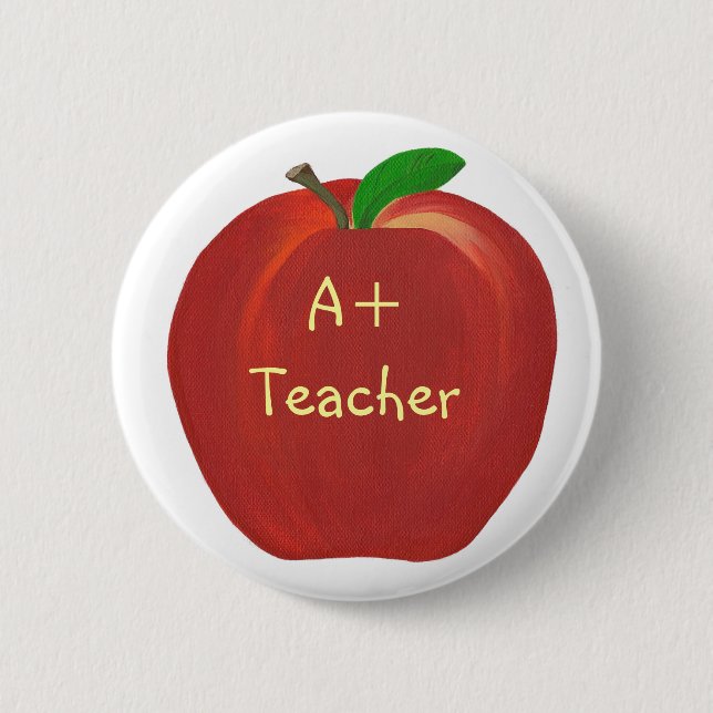 Red Apple, A+ Teacher pin on buttons (Front)
