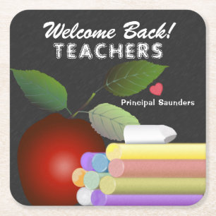 Red Apple and Chalk   Teacher Appreciation Square Paper Coaster