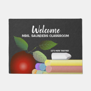 Red Apple and Chalk Teacher Doormat
