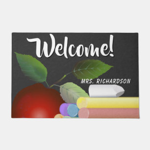 Red Apple and Chalk Teacher Doormat