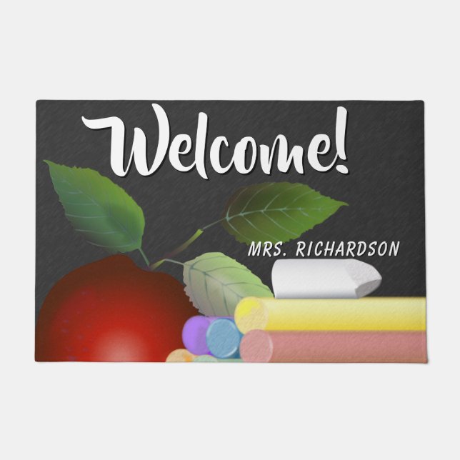 Red Apple and Chalk | Teacher Doormat (Front)
