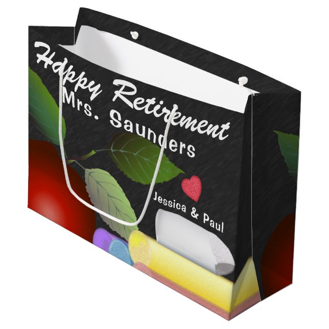 Red Apple and Chalk | Teacher Retirement Large Gift Bag (Front Angled)