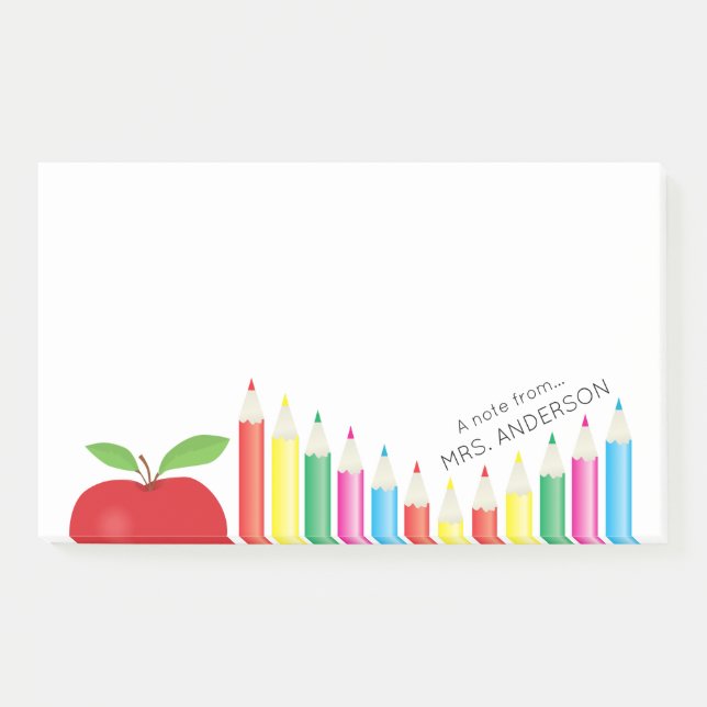 Red Apple and Coloured Pencils Teacher Personalise Post-it Notes (Front)