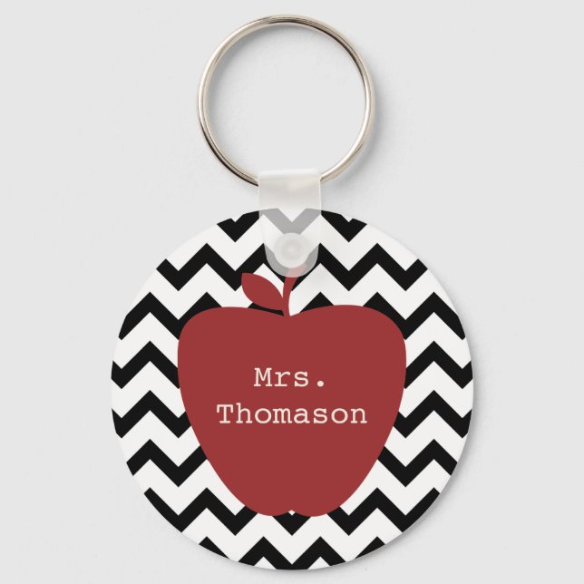 Red Apple Black & White Chevron Teacher Key Ring (Front)