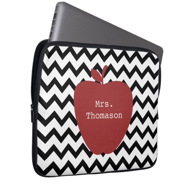 Red Apple Black & White Chevron Teacher Laptop Sleeve (Front Right)