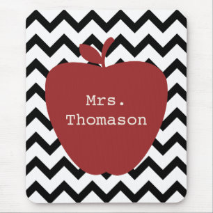Red Apple Black & White Chevron Teacher Mouse Mat