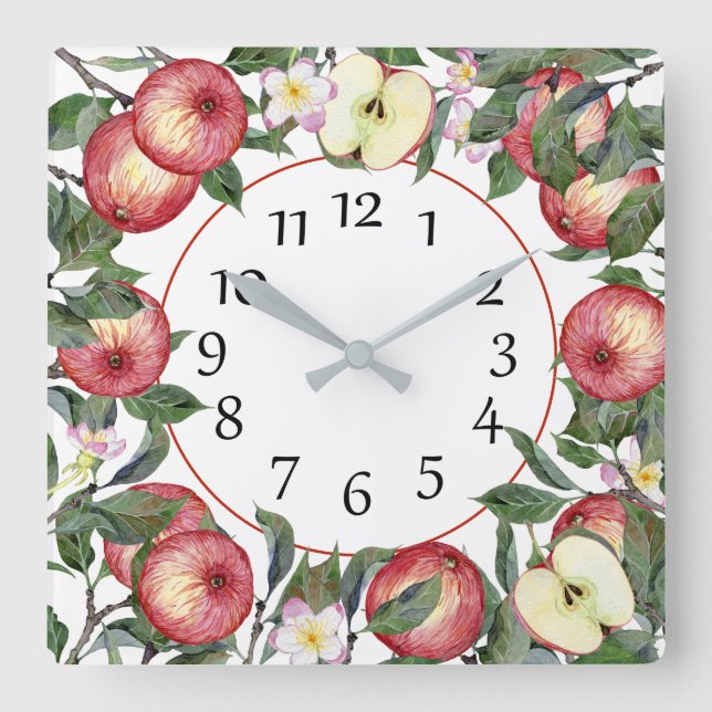 Red Apple Blossoms Green Leaves Wall Clock (Front)