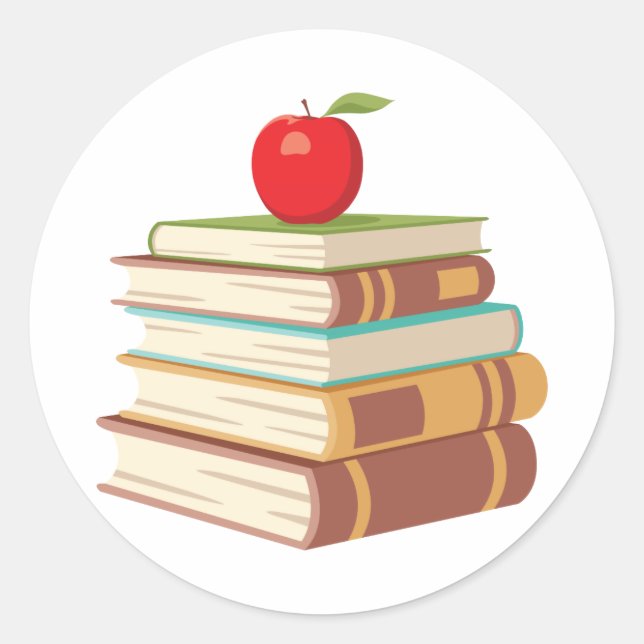 Red Apple & Books Classic Round Sticker (Front)