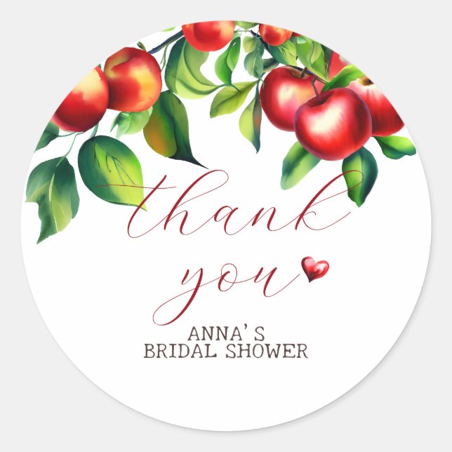 Red apple bridal shower classic round sticker (Front)