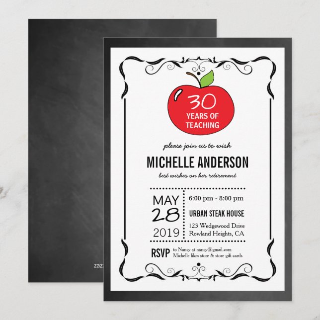 Red Apple Chalkboard Teacher Retirement Invites (Front/Back)