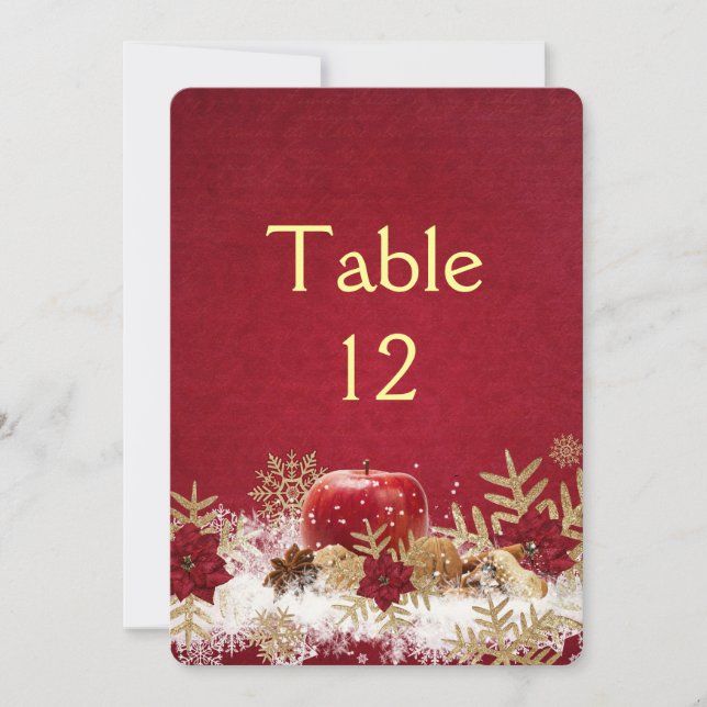 Red Apple Christmas Gold Snowflakes Table card (Front)